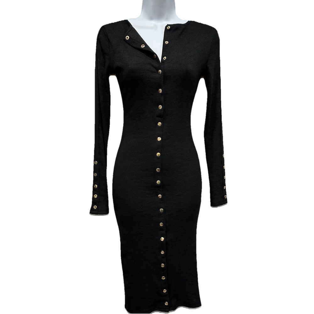 Fashion Nova Ribbed Midi Dress Women's Medium Black Long Sleeve Bodycon Buttons